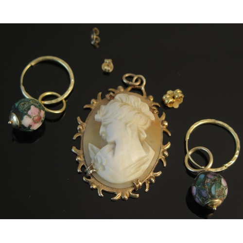 172 - A 9ct Gold Shell Cameo Pendant decorated with a female bust (45.1mm drop, 5.93g), a pair of 14K gold... 