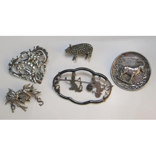 196 - Five Silver or White Metal Brooches, 46.6g