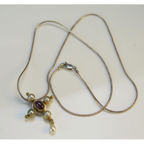 200 - A Gold Plated, Cabochon Garnet and Cultured Pearl Cross Pendant on a silver chain, 6.27g