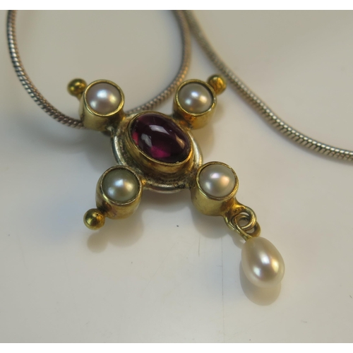 200 - A Gold Plated, Cabochon Garnet and Cultured Pearl Cross Pendant on a silver chain, 6.27g