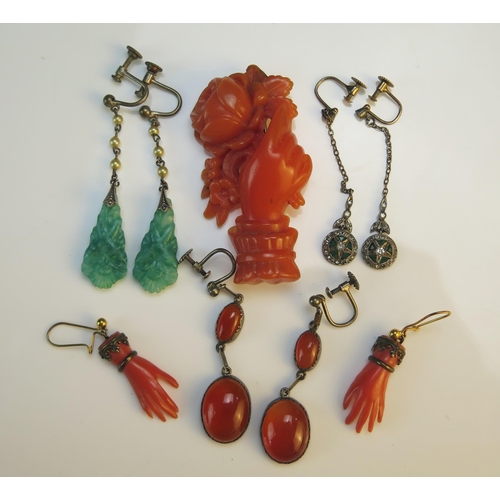 202 - A Pair of 9ct Gold and 'Emerald' paste Drop Pendant Earrings, faux coral jewellery, etc.