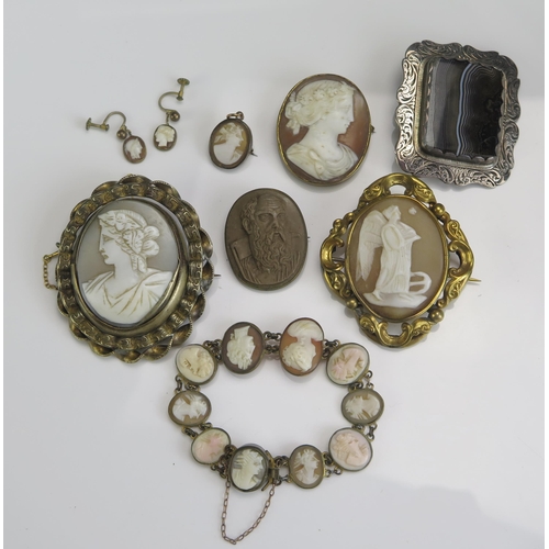 216 - A Selection of 19th Century Jewellery including shell and lava cameos and a banded agate and silver ... 