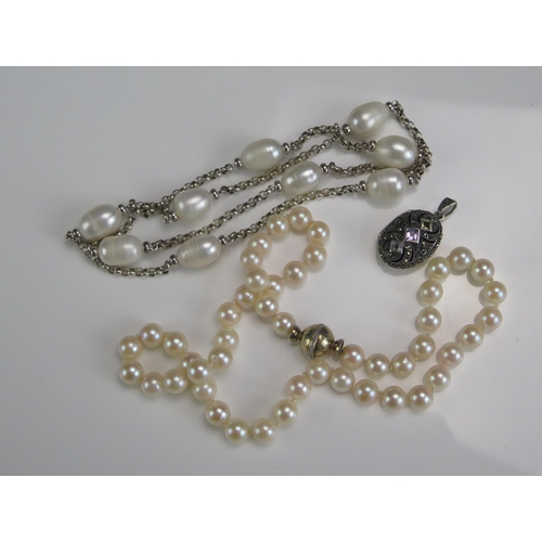 247 - A Silver and Marcasite Pendant, cultured pearl necklace with silver gilt clasp and one other fresh w... 