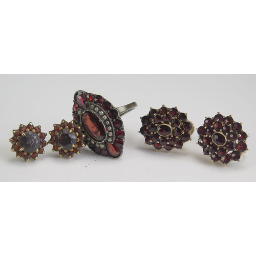 265 - A Pair of 9ct Gold Mounted Garnet Cluster Earrings, screw back garnet earrings and a paste ring