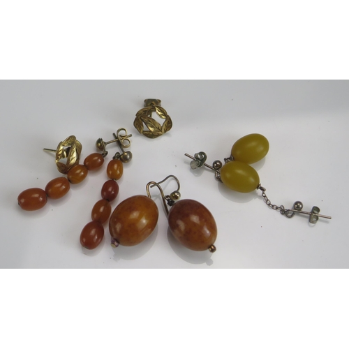 267 - Two Pairs of Pressed Amber Earrings, one other pair and a pair of hallmarked 9ct gold studs (1.71g g... 