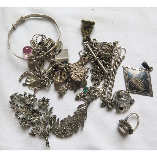 272 - A Silver Charm Bracelet (72.4g), other silver jewellery, pair of silver napkin rings, silver backed ... 