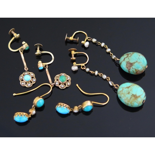 314 - A Pair of 9ct Gold, Turquoise and Seed Pearl Screw Back Pendant Earrings (28.9mm drop, stamped 9ct, ... 