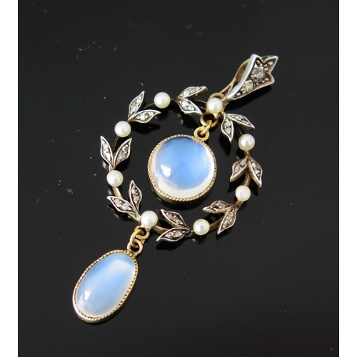 319 - An Antique Moonstone, Rose Cut Diamond and Seed Pearl Wreath Pendant in a precious yellow and white ... 