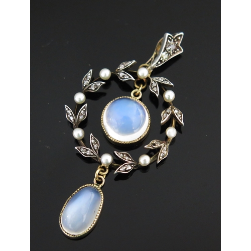 319 - An Antique Moonstone, Rose Cut Diamond and Seed Pearl Wreath Pendant in a precious yellow and white ... 