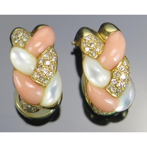 321 - A Pair of 18K Gold, Coral, Moonstone and Diamond Clip Earrings, 17.5mm long, stamped K18, 9.83g