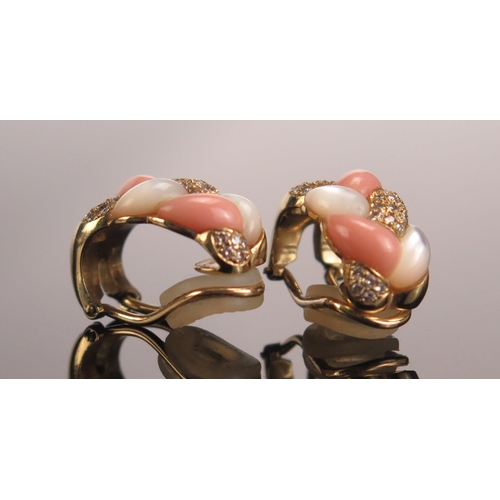 321 - A Pair of 18K Gold, Coral, Moonstone and Diamond Clip Earrings, 17.5mm long, stamped K18, 9.83g