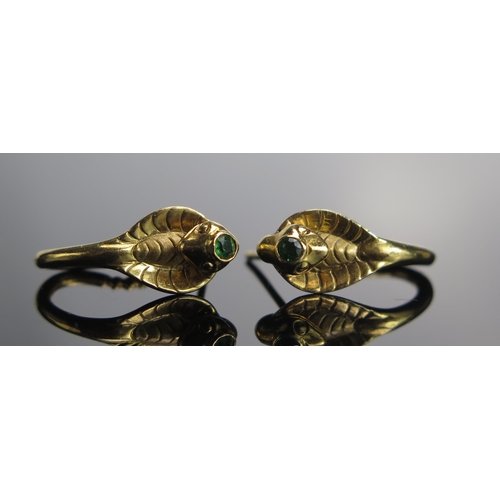 328 - A Pair of High Carat Precious Yellow Metal and Green Garnet Cobra Snake Earrings, 20.3mm drop, engra... 