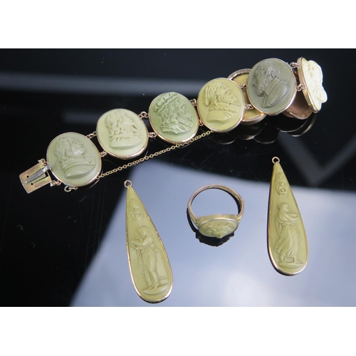 335 - A 19th Century Lava Cameo Bracelet, Ring and Pair of Drops in precious yellow metal, the bracelet de... 