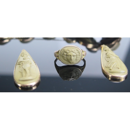 335 - A 19th Century Lava Cameo Bracelet, Ring and Pair of Drops in precious yellow metal, the bracelet de... 