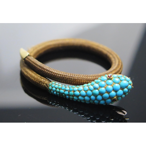 337 - A 19th Century Precious Yellow Metal, Turquoise and Ruby Platted Hair Snake Bangle, 41.3mm head, KEE... 