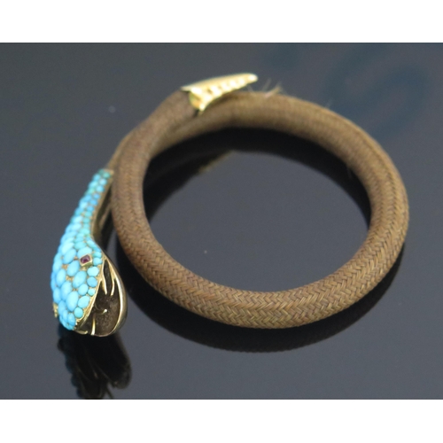 337 - A 19th Century Precious Yellow Metal, Turquoise and Ruby Platted Hair Snake Bangle, 41.3mm head, KEE... 