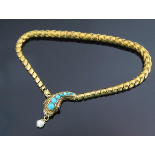 338 - A 19th Century Precious Yellow Metal, Turquoise, Seed Pearl and Cabochon Garnet Snake Bracelet, 7