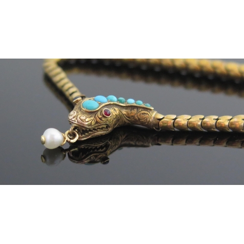 338 - A 19th Century Precious Yellow Metal, Turquoise, Seed Pearl and Cabochon Garnet Snake Bracelet, 7