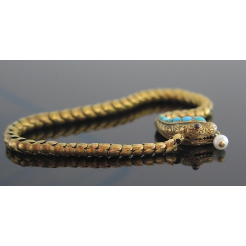 338 - A 19th Century Precious Yellow Metal, Turquoise, Seed Pearl and Cabochon Garnet Snake Bracelet, 7