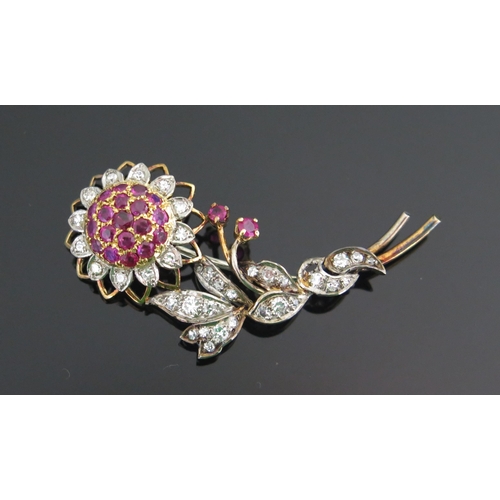 346 - A Ruby and Old Cut Diamond Flower Brooch on a precious yellow and white metal setting, 50.6mm, 7.84g