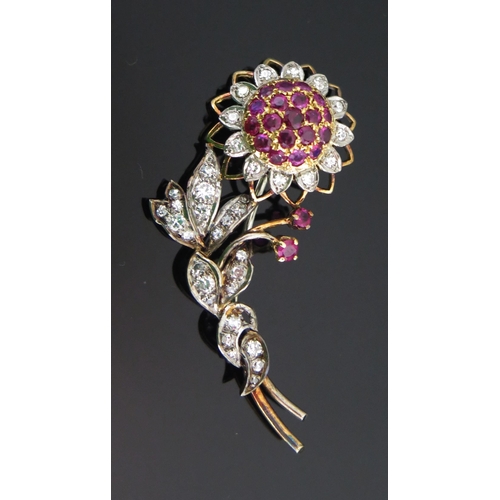 346 - A Ruby and Old Cut Diamond Flower Brooch on a precious yellow and white metal setting, 50.6mm, 7.84g