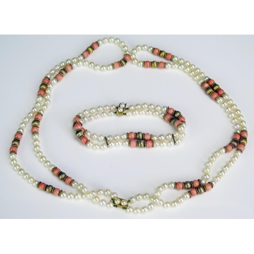 349 - A Pearl and Coral Matching Twin Strand Necklace with Bracelet and 9ct gold fittings, 70g