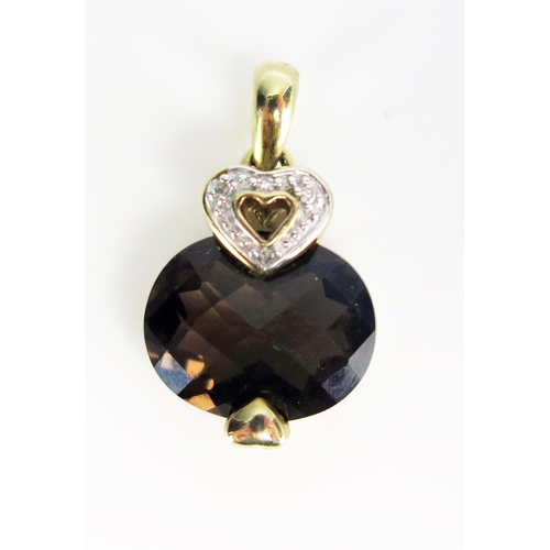 350 - A 9ctb Gold, Smoky Quartz and Diamond Heart Pendant, 19.5mm drop, stamped 375, 3.1g