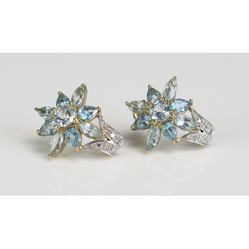 358 - A Pair of 9ct Gold, Aqua Marine or Topaz and Diamond Flower Head Earrings, 18.5mm drop, stamped 375,... 