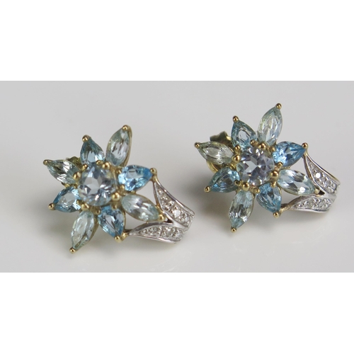 358 - A Pair of 9ct Gold, Aqua Marine or Topaz and Diamond Flower Head Earrings, 18.5mm drop, stamped 375,... 