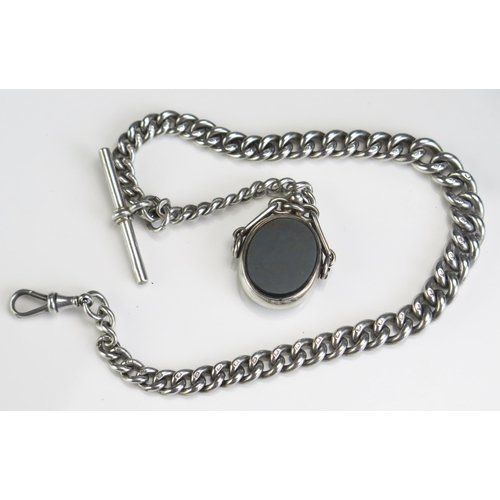 425 - A Victorian Silver Albert with T-bar and bloodstone and carnelian spinning fob, 70.4g