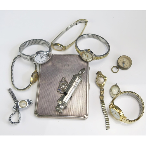 433 - A Selection of Wristwatches, The Emca City Whistle, compass fob and a cigarette case