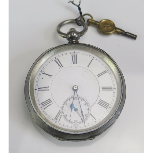 438 - A Silver Cased Open Dial Pocket Watch, 52.6mm case. Running, but needs attention