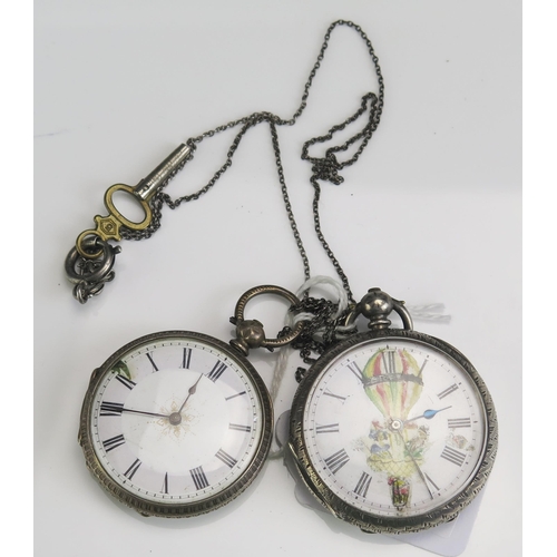 454 - Two Silver Cased Fob Watches including one decorated with a hot air balloon (37mm case). Both runnin... 