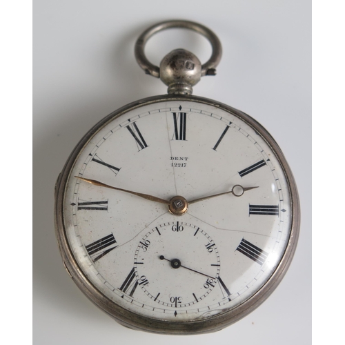 458 - A Victorian Silver Cased Full Hunter Pocket Watch, 43mm case, signed Dent, London 1847. Needs attent... 