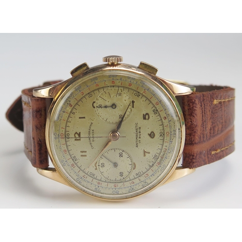 462 - A Chronographe Suisse 18ct Gold Wristwatch, 32mm case. Running and buttons functioning