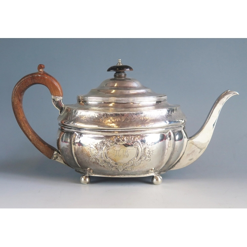 532 - A George III silver teapot, maker Charles Fox I, London, 1808, monogrammed,  of barge-shaped outline... 