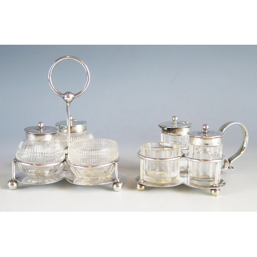 536 - Two silver condiment stands, with clear glass and silver mounted condiments, various makers and date... 