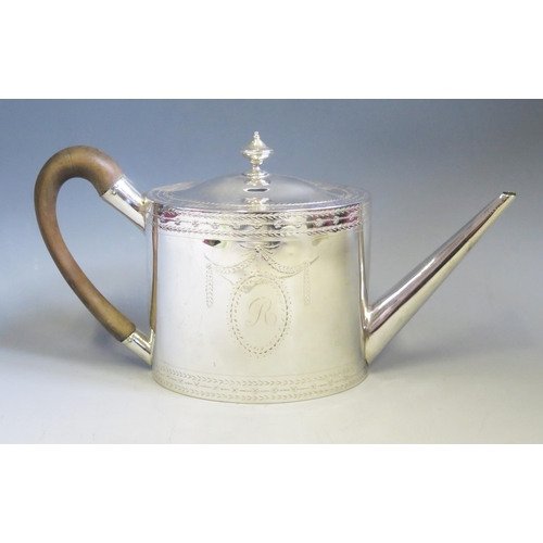 547 - A George III silver teapot, maker John Lambe, London, 1784, initialled, of oval outline with banded ... 