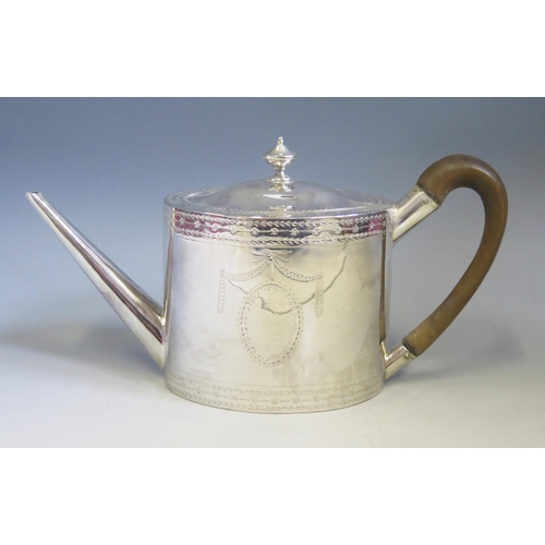 547 - A George III silver teapot, maker John Lambe, London, 1784, initialled, of oval outline with banded ... 