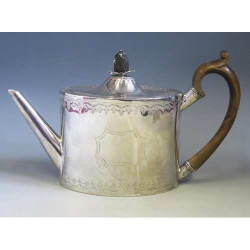 548 - A George III silver teapot, maker W.S possibly William Sumner I, London,1791, of oval outline with b... 