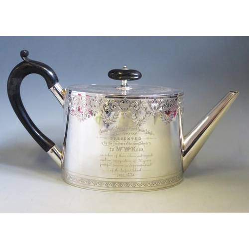 550 - A Victorian silver teapot, maker Hukin & Heath Ltd, Birmingham, 1881, inscribed, with banded chased ... 