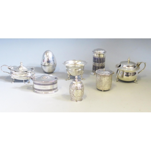 562 - A mixed collection of assorted silver condiments, various makers and dates, includes lidded mustard ... 