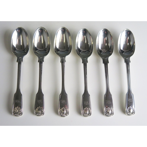 573 - A matched set of six silver Fiddle, Thread and Shell pattern teaspoons, various makers and dates, in... 