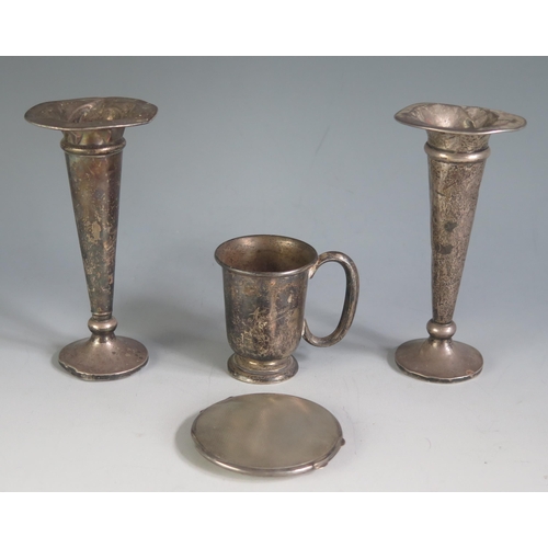 628 - A mixed collection of silver wares, includes a pair of silver specimen vases, circular powder compac... 