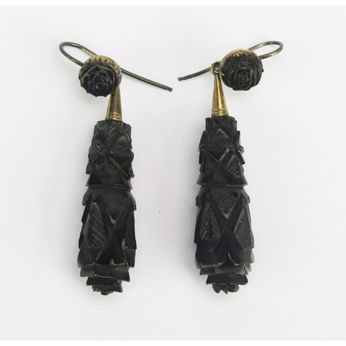 64 - A Pair of Victorian Carved Jet Pendant Earrings, 61.1mm drop, 7.84g