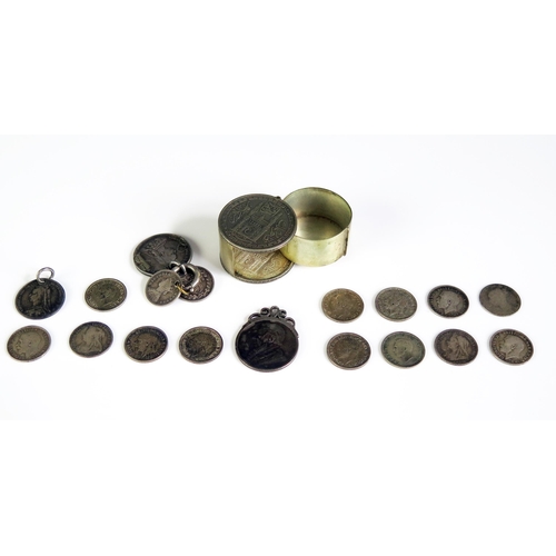 641 - A collection of Victorian silver 3d coins, metal box with coin decorated ends.