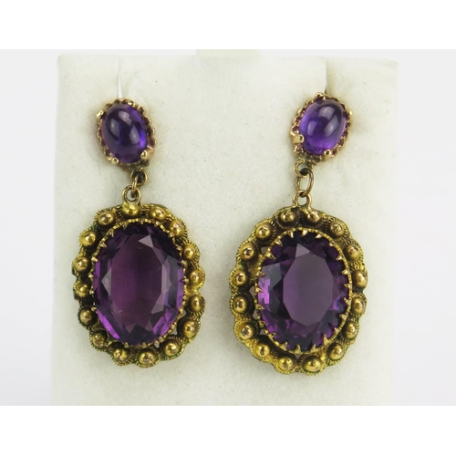 65 - A Pair of Antique and later Cabochon Amethyst and Paste Pendant Earrings, 32.4mm drop, 5.89g