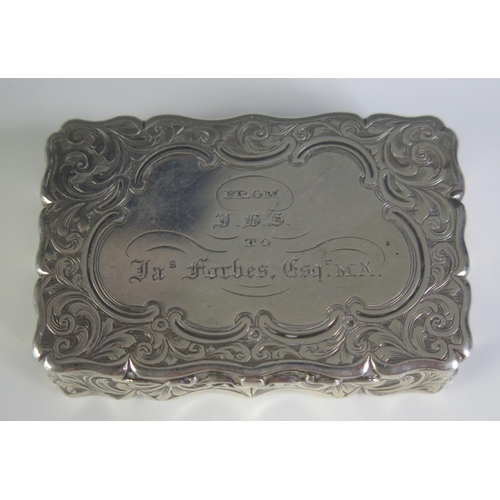 660 - A Victorian silver snuff box, maker Edward Smith, Birmingham, 1860, inscribed, of rectangular outlin... 