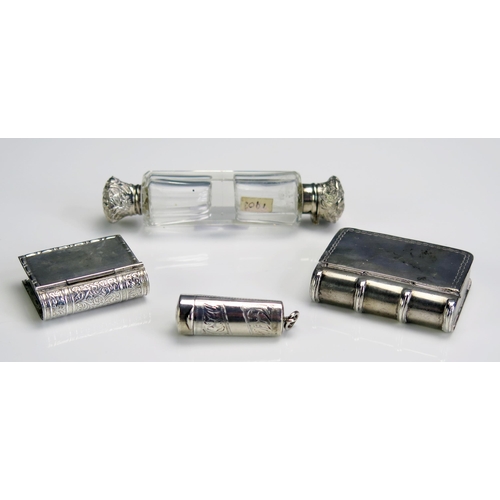 665 - A silver cheroot holder case, a clear glass and silver mounted double-ended scent bottle and two whi... 