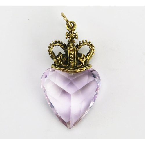 68 - A 9ct Gold and Heart Shaped Amethyst Pendant with a crown suspension, 30.3mm drop, stamped 375, 3.88... 